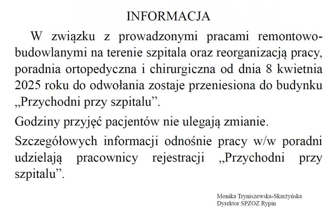 Zmiana lokalizacji Poradni Chirurgicznej i Ortopedycznej