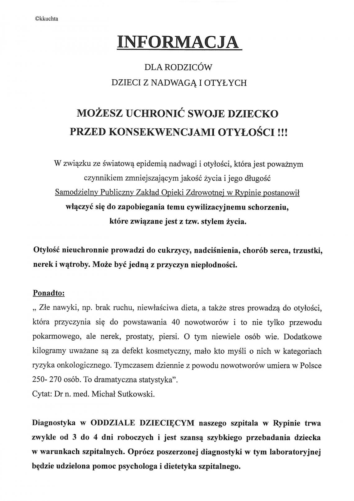 INFORMACJA DLA RODZICÓW DZIECI Z NADWAGĄ ORAZ OTYŁYCH