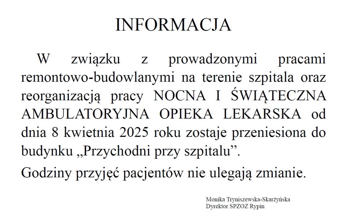 Zmiana lokalizacji Nocnej i Świątecznej Ambulatoryjnej Opieki Lekarskiej